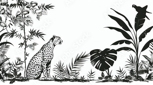 Wallpaper Mural   A monochromatic illustration of a cheetah resting in the jungle with a bird balanced on its head Torontodigital.ca