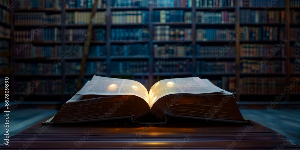 Fototapeta premium Ancient Book in a Mystical Library with Glowing Lights