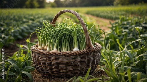 garlic scapes vegetable in a wooden basket with a back puppy dog in outerspace photo