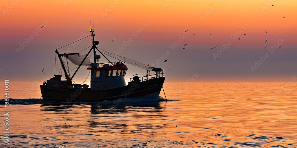 Fishing boat silhouette against a vibrant sunset, tranquil sea, and flying seagulls – serene maritime scene Fishing boat silhouette against a vibrant sunset, tranquil sea, and flying seagulls – serene maritime scene