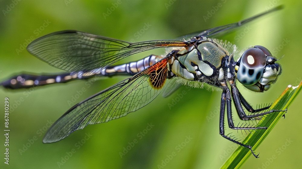 A close-up photo of a dragonfly perched on a blade of grass with its wings fully open A close-up photo of a dragonfly perched on a blade of grass with its wings fully open