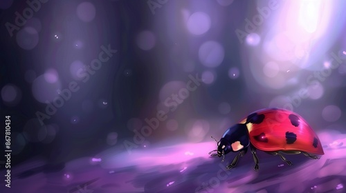   A clear ladybug on the ground amidst a blurry image of purple and pink photo