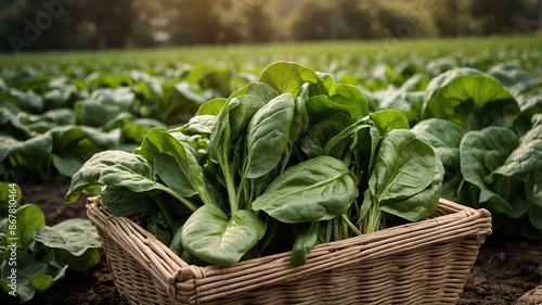 spinach vegetable in a wooden basket with a background puppy dog in outerspace