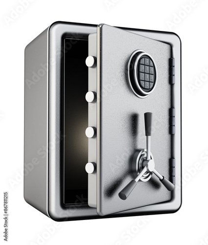 Half open steel safe with digital keypad isolated on transparent background. 3D illustration