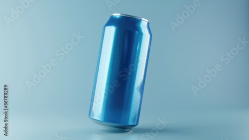Blue metal can floating in the sky with clouds in the background. Close up of blue mockup of can product with blue background. Beverage and packaging concept. Design for poster, and banner. AIG53F.