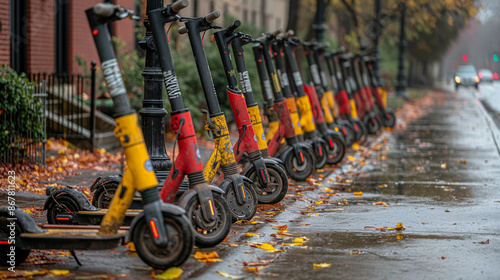 Urban scene with bicycles and scooters
