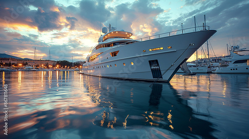 Luxury yacht docked at a marina