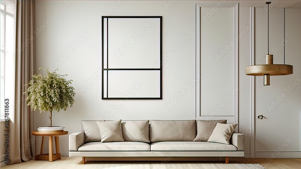 Fototapeta premium Modern home space of large room with frame on wall, clean minimalist interior, 3d rendering,