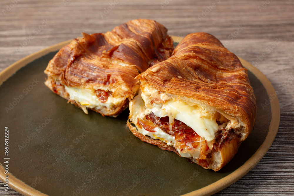 A view of a croissant breakfast sandwich. A view of a croissant breakfast sandwich.