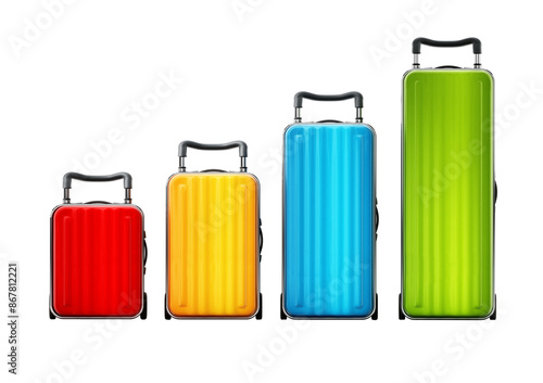 Colorful suitcases arranged like a rising bar chart isolated on transparent background. 3D illustration
