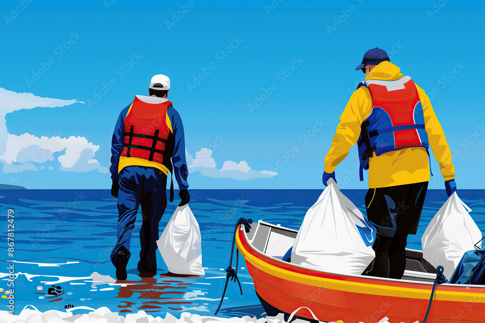 Obraz premium Two volunteers are shown walking out of the ocean with bags of collected trash near a small boat.