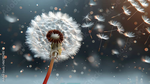   Dandelion blowing in the wind against blurred background