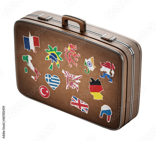 Vintage suitcase with stickers representing country symbols isolated on transparent background. 3D illustration