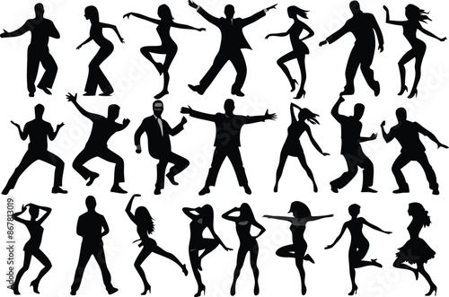 illustration dancing female man woman adult vector arms raised in silhouette clip art cut out horizontal male motion people computer graphic front view activity vector set