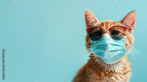 ginger cat wearing sunglasses and protective medical mask