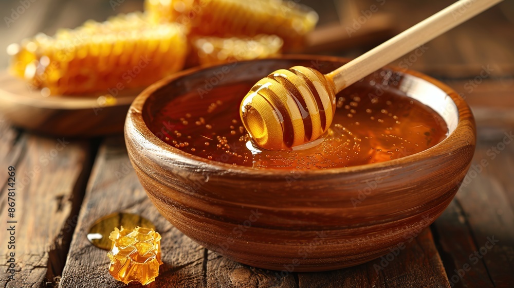 Honeycomb and Honey in a Wooden Bowl Honeycomb and Honey in a Wooden Bowl