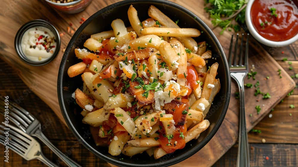 Gourmet Poutine with Feta, Parsley, and Spicy Sauce Gourmet Poutine with Feta, Parsley, and Spicy Sauce