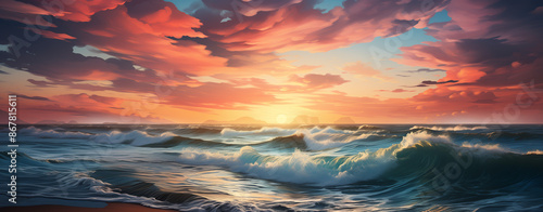 Sur la plage, le ciel s'embrase de teintes oranges et rouges, tandis que le soleil se couche lentement à l'horizon, peignant un tableau de beauté naturelle.