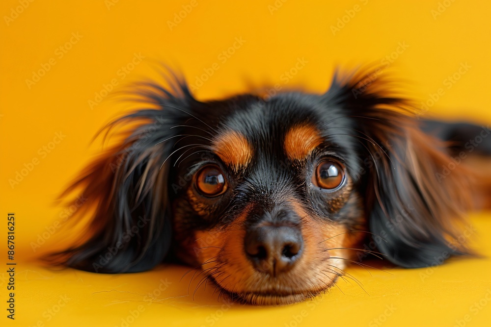 A stunning photorealistic photo of an adult dog lying down on a yellow-orange background A stunning photorealistic photo of an adult dog lying down on a yellow-orange background