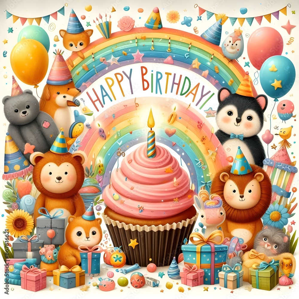 Fototapeta premium Festive Birthday Celebration with Animals and Cupcake.