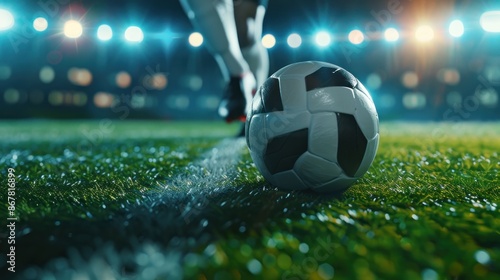 Soccer player taking a penalty kick at goal during a championship game in a stadium at night. Concept of sports, competition, skill, and athleticism. photo