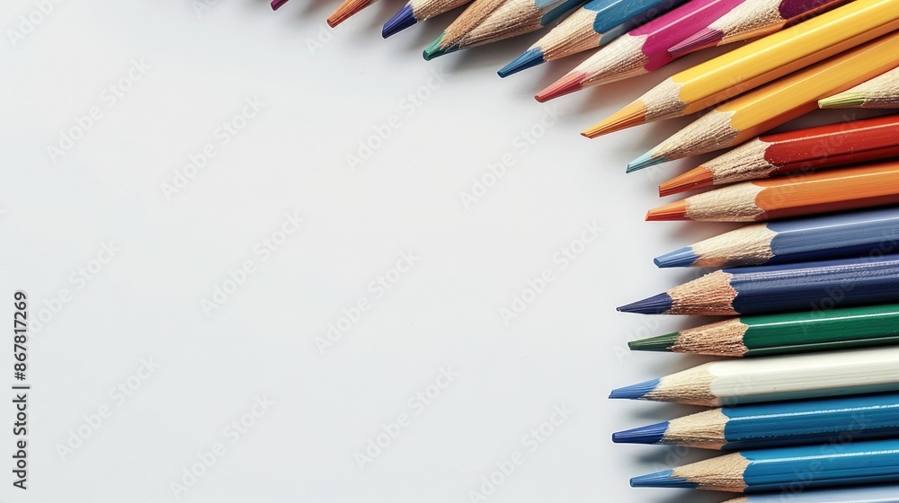Wave row of colored pencils on white background representing back to school theme with empty space Wave row of colored pencils on white background representing back to school theme with empty space