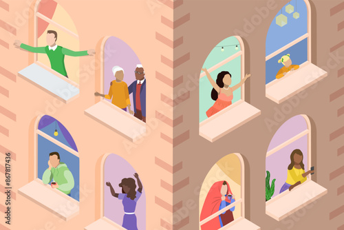 3D Isometric Flat Vector Illustration of House Windows With People