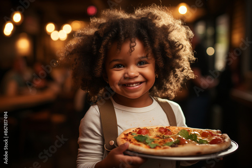 Un petit garçon souriant mangeant joyeusement une pizza savoureuse lors d'un repas familial chaleureux à la maison pendant les fêtes de Noël.