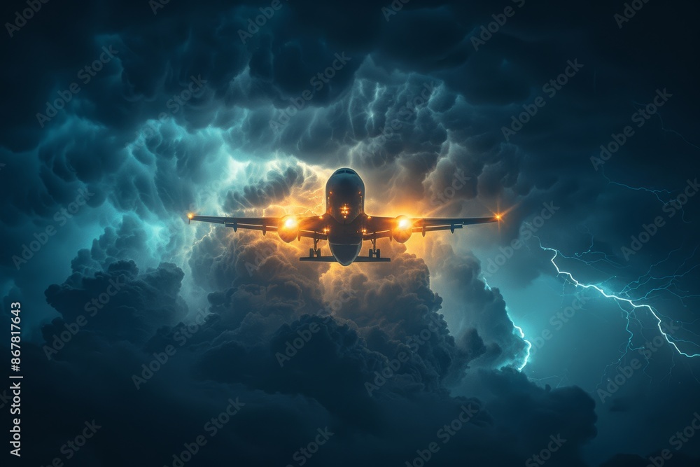 Fototapeta premium Flight amidst thunderstorm with dramatic lightning strikes