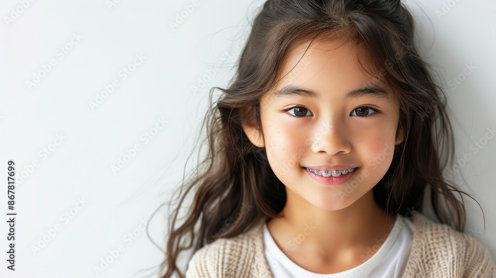 small smiling asian child with metal braces on teeth, orthodontist, dentist, oral cavity, mouth, kid, baby, portrait, face, tooth, health, straight, bite, treatment, white background, korean girl small smiling asian child with metal braces on teeth, orthodontist, dentist, oral cavity, mouth, kid, baby, portrait, face, tooth, health, straight, bite, treatment, white background, korean girl