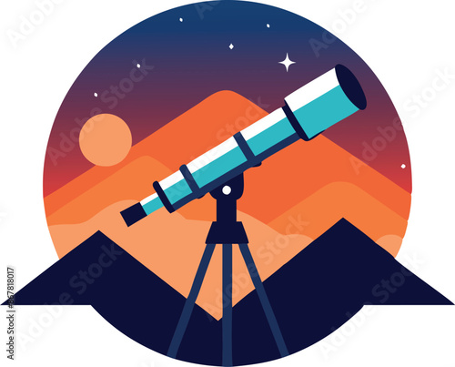A telescope is shown in the center of a circle with mountains in the background