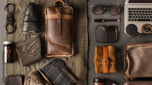 A curated flatlay of trendy brown leather accessories like shoes, wallet, and bag, complemented with modern tech gear on a textured dark background. photo