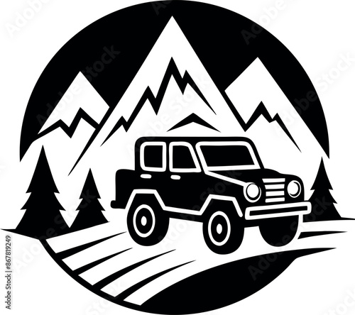 A black and white image of a jeep driving down a mountain road