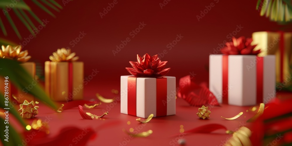 Obraz premium Festive red background with gift boxes. Happy New Year and Merry Christmas