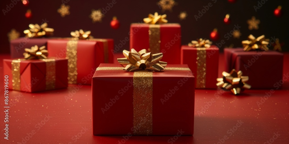 Gifts on the Christmas tree. Festive red background with gift boxes. Happy New Year and Merry Christmas Gifts on the Christmas tree. Festive red background with gift boxes. Happy New Year and Merry Christmas