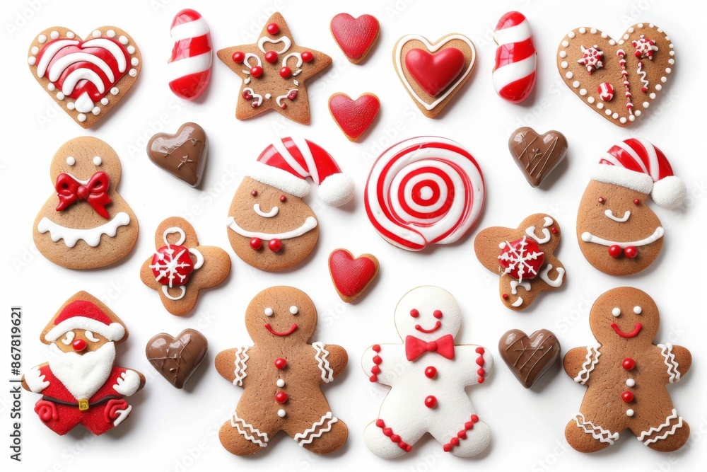 Decorated Christmas gingerbread cookies in various shapes, including hearts, candy canes, and gingerbread men, isolated on a white background. Decorated Christmas gingerbread cookies in various shapes, including hearts, candy canes, and gingerbread men, isolated on a white background.