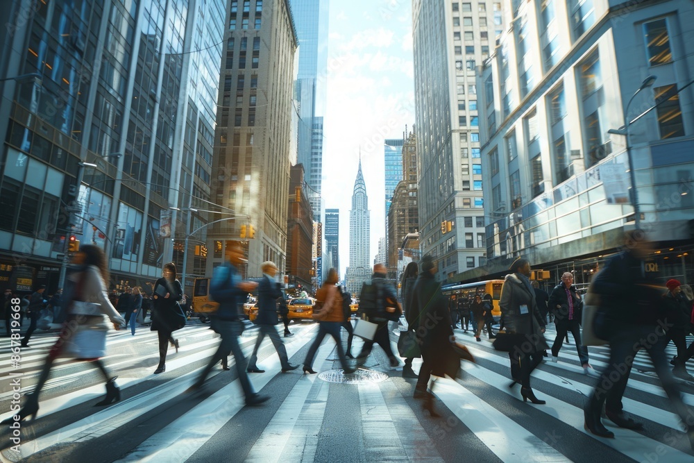 Obraz premium bustling city street with people in business attire crossing the road