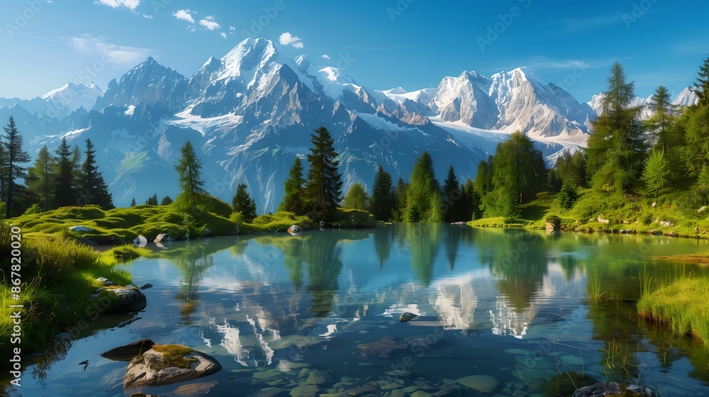 Majestic Mountain Lake with Snow-Capped Peaks and Greenery
Majestic Mountain Lake with Snow-Capped Peaks and Greenery