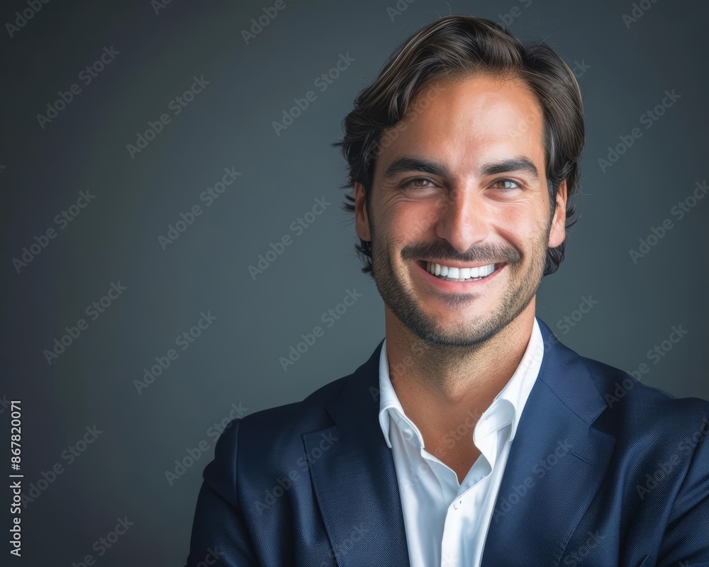 Portrait of a smiling man in a suit and white shirt, standing confidently with arms crossed against a dark background. Portrait of a smiling man in a suit and white shirt, standing confidently with arms crossed against a dark background.