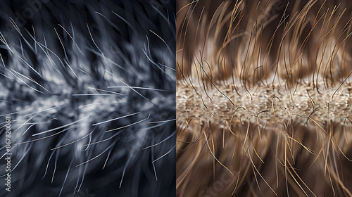 Low and High porosity hair strands, before and after treatment comparison. Hair damage repair