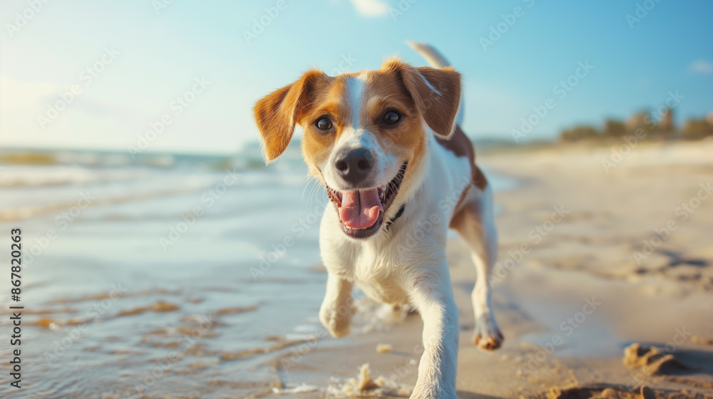 Cane felice in spiaggia, estate Cane felice in spiaggia, estate