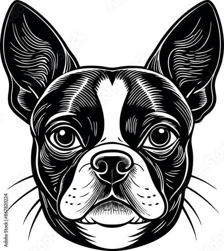 A black and white drawing of a dog with a black nose and white ears