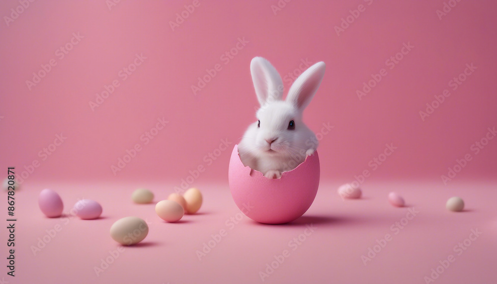 Obraz premium Precious Easter bunny with fluffy white fur and pink paws emerging from a cracked pink egg on a tranquil pastel pink backdrop with space for copy