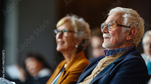 An elderly couple smiling and engaging during a conference presentation, reflecting active senior participation and enthusiasm.
