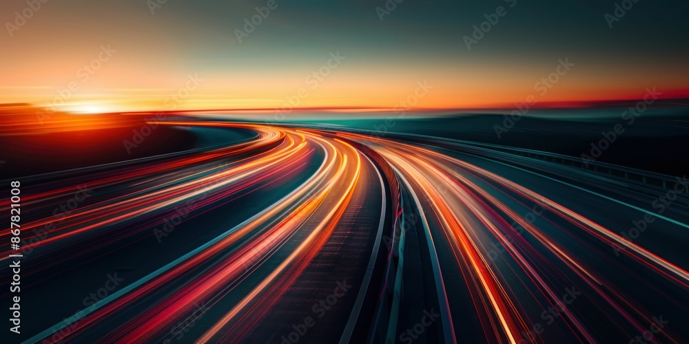 Dynamic Light Trails on Highway at Sunset. Generative ai Dynamic Light Trails on Highway at Sunset. Generative ai
