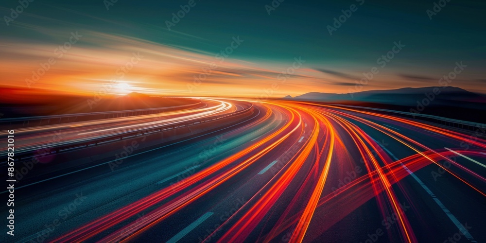 Dynamic Light Trails on Highway at Sunset. Generative ai Dynamic Light Trails on Highway at Sunset. Generative ai