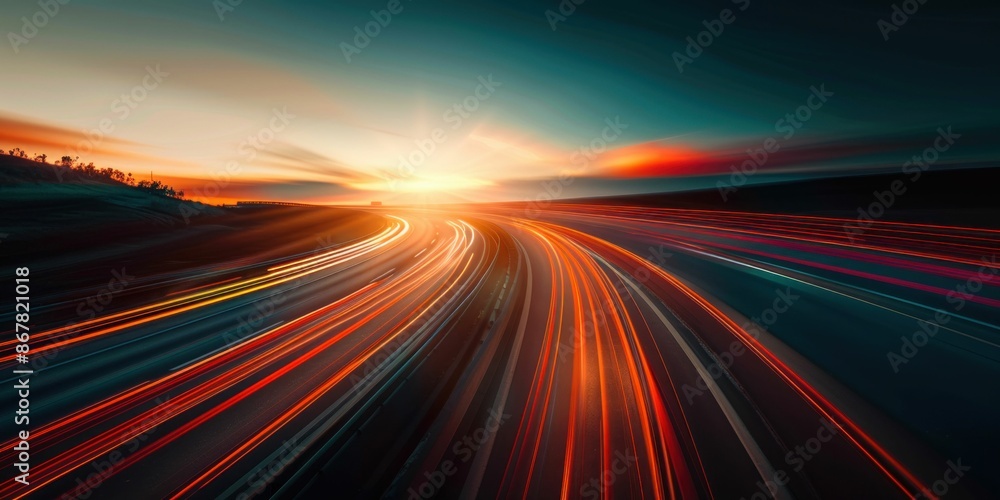 Dynamic Light Trails on Highway at Sunset. Generative ai Dynamic Light Trails on Highway at Sunset. Generative ai