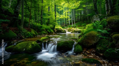 Lush Green Forest with Mossy Rocks and Flowing Stream
