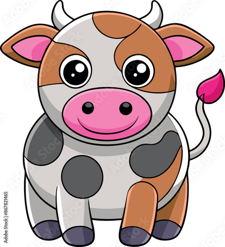 A cartoon cow with a pink nose and pink tail