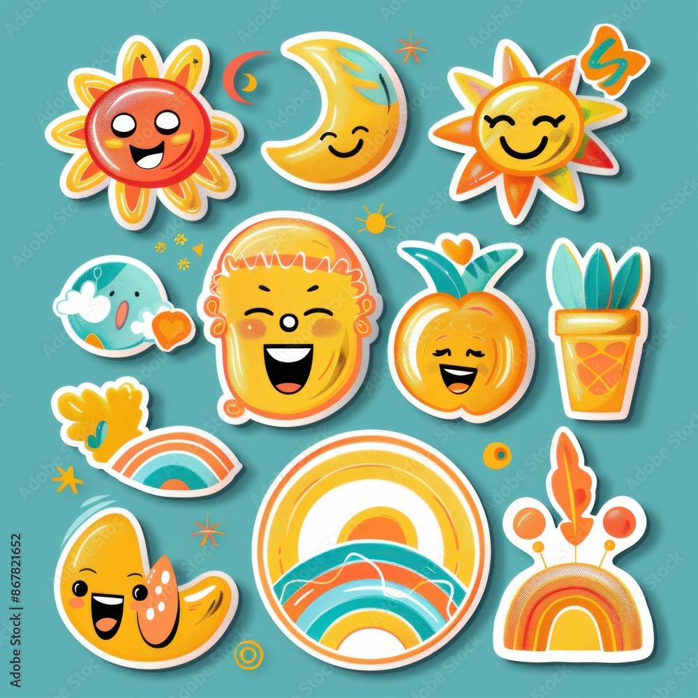 Colorful Cartoon Stickers on Blue Background. Generative ai. Colorful Cartoon Stickers on Blue Background. Generative ai.